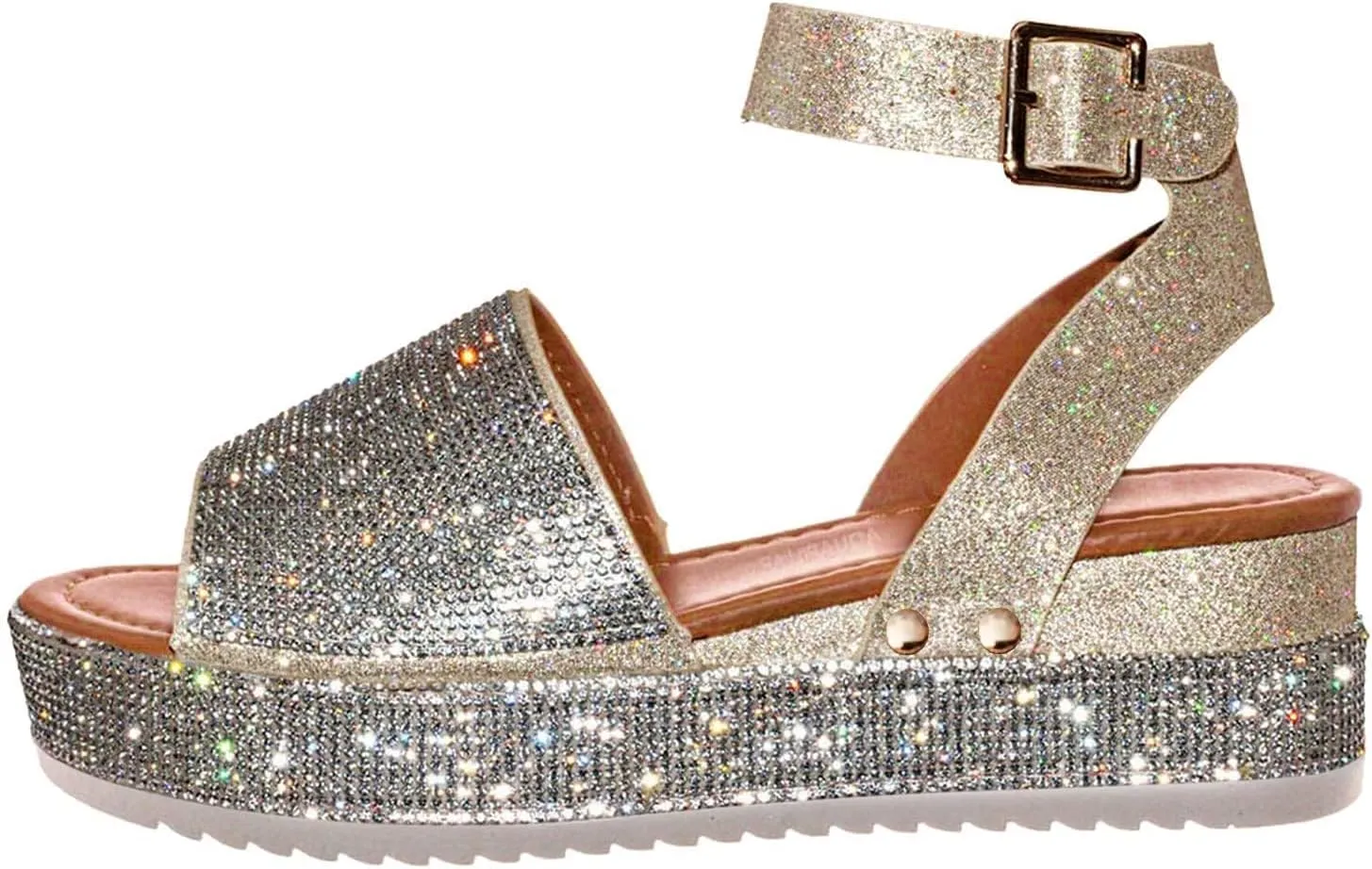 Wedge Sandals for Women Rhinestone Glitter Platform Sandal Fashion Boho Crystal Wedges, Open Toe Ankle Strap Dress Sandals Casual Beach Banquet Flat Shoes All Day Comfort