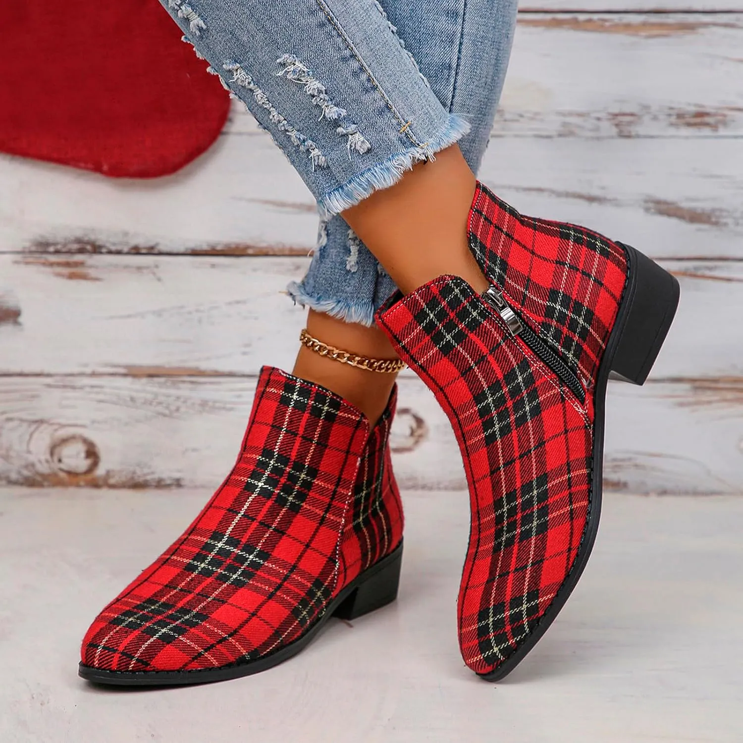 Women Ankle Boots Plaid Graphic Low Heel Leather Boots Fashion Slip on Comfortable Fall Winter Boots Side Zipper Wide Width Booties for Women Ladies Boots