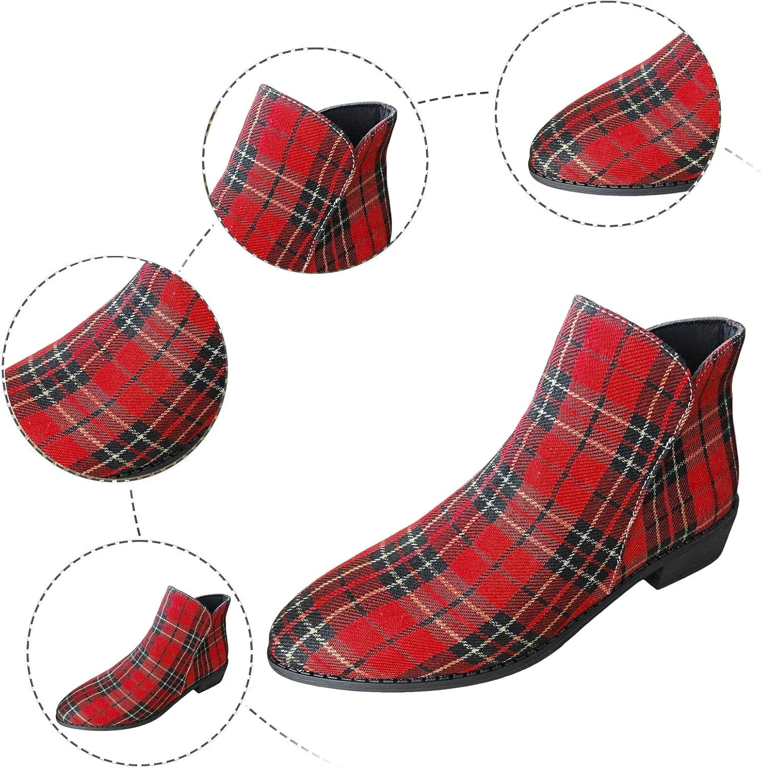 Women Ankle Boots Plaid Graphic Low Heel Leather Boots Fashion Slip on Comfortable Fall Winter Boots Side Zipper Wide Width Booties for Women Ladies Boots