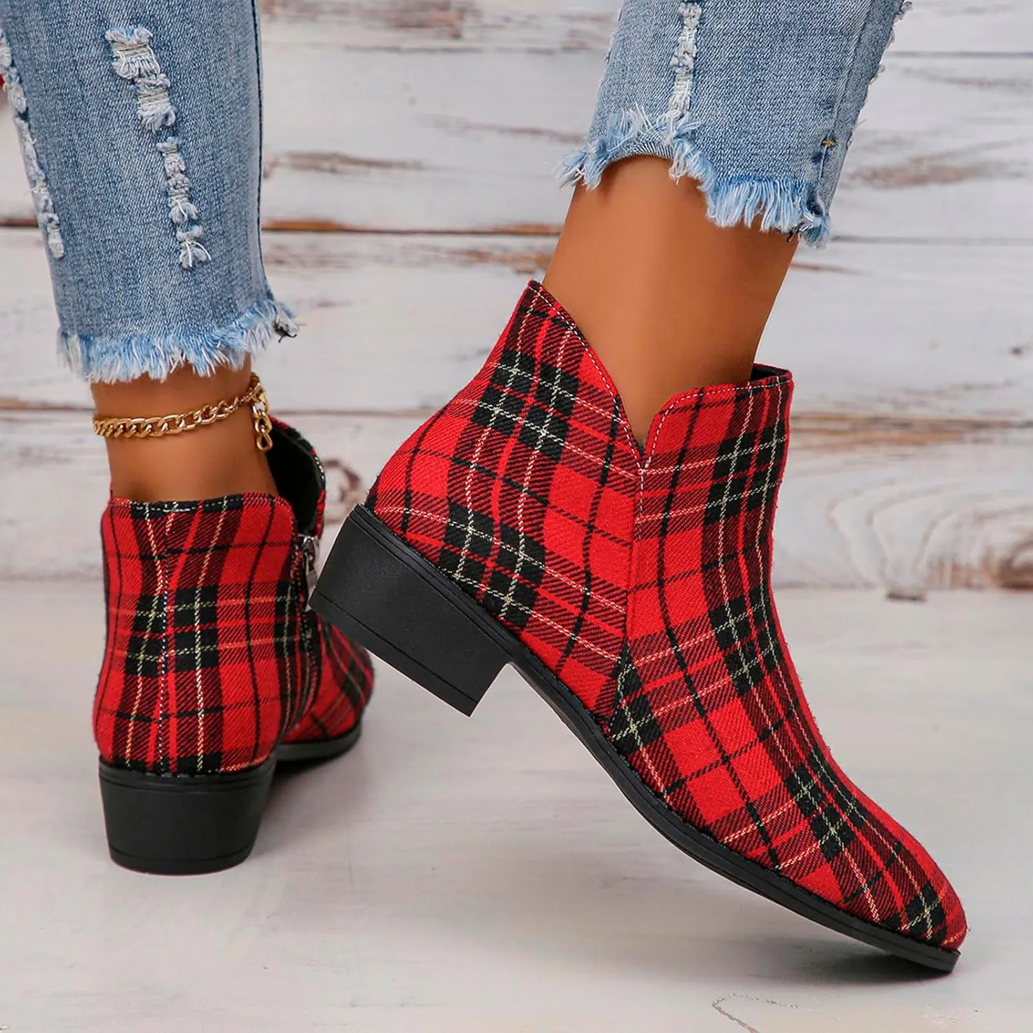 Women Ankle Boots Plaid Graphic Low Heel Leather Boots Fashion Slip on Comfortable Fall Winter Boots Side Zipper Wide Width Booties for Women Ladies Boots