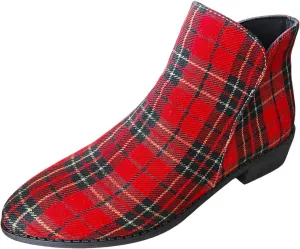 Women Ankle Boots Plaid Graphic Low Heel Leather Boots Fashion Slip on Comfortable Fall Winter Boots Side Zipper Wide Width Booties for Women Ladies Boots