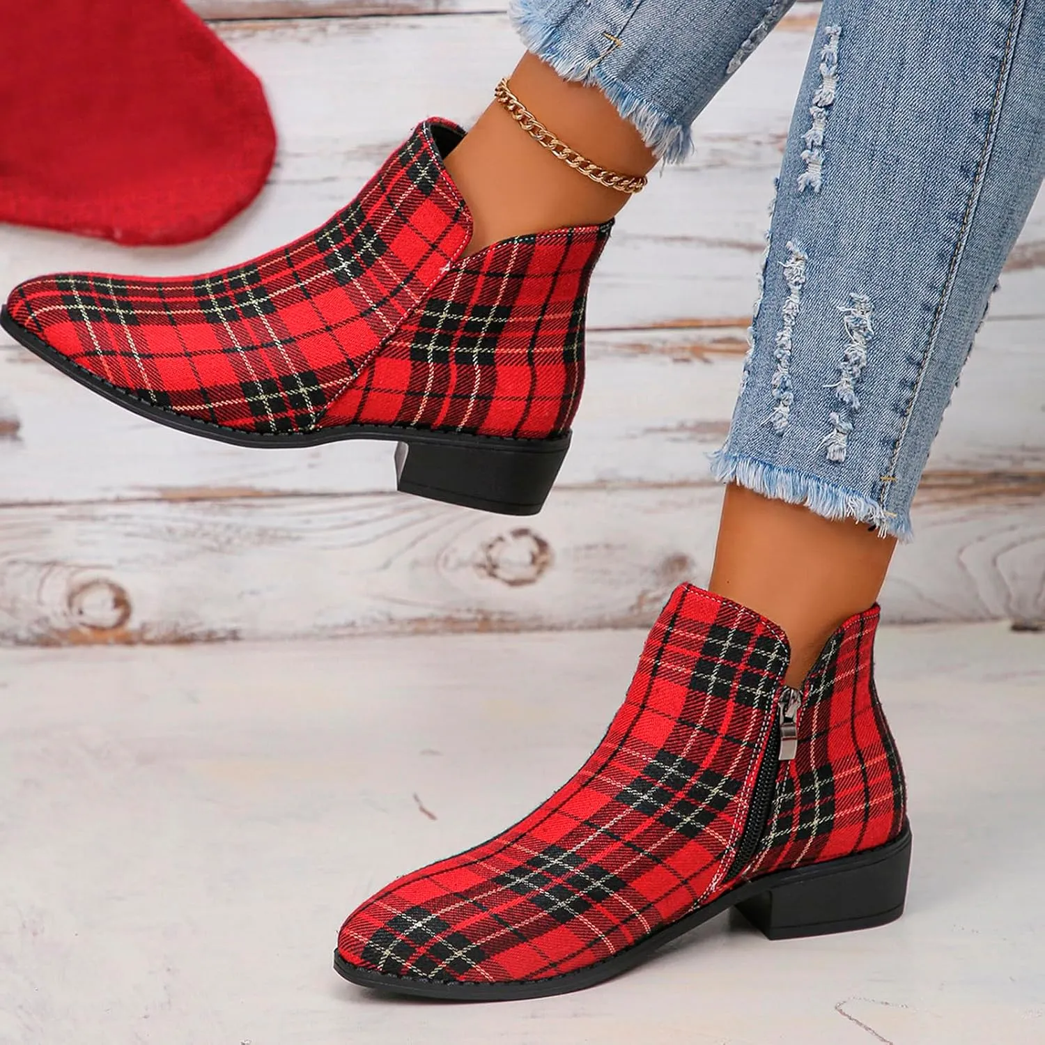 Women Ankle Boots Plaid Graphic Low Heel Leather Boots Fashion Slip on Comfortable Fall Winter Boots Side Zipper Wide Width Booties for Women Ladies Boots