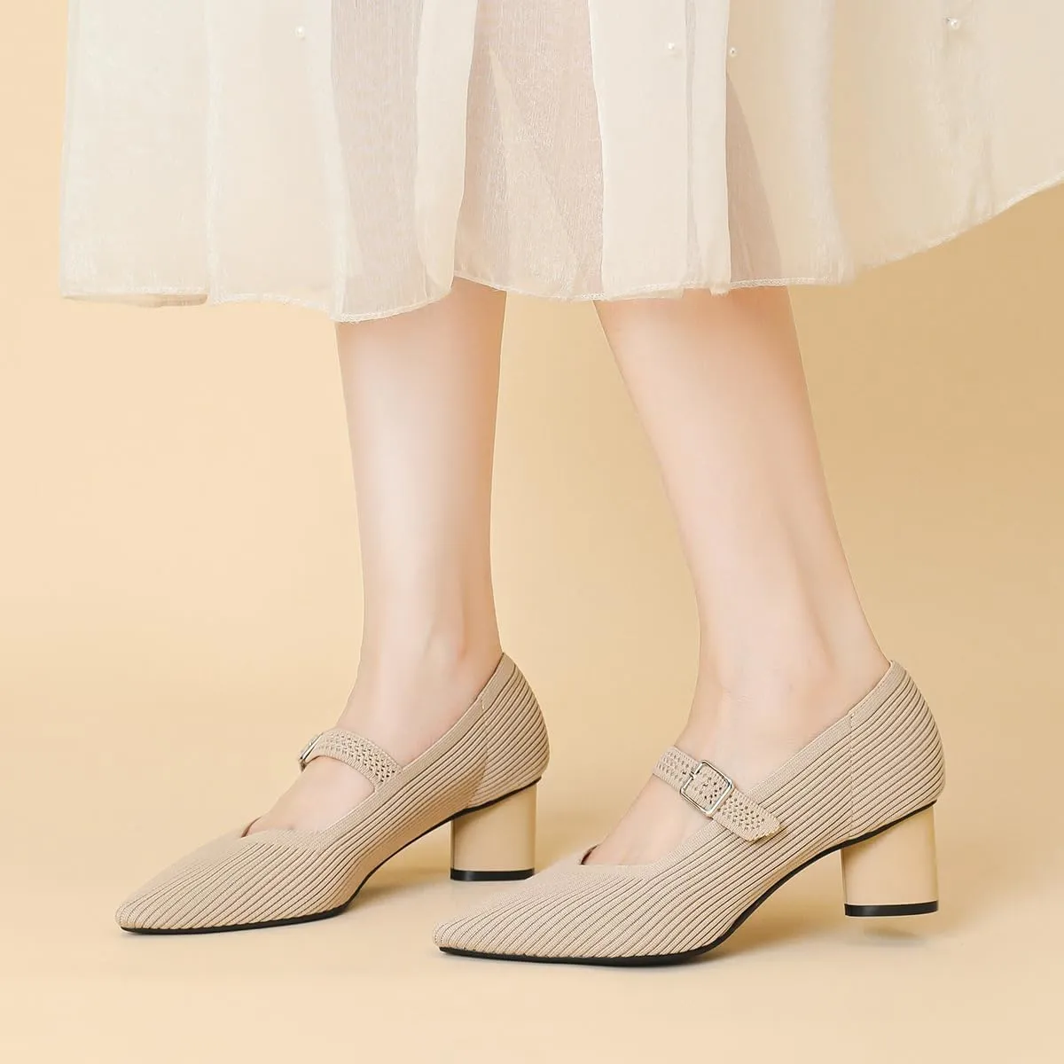 Women Knit Pointed Toe Chunky Heel Mary Jane Dress Shoes for Women Mesh Softable Comfort Low Block Heels Ankle Buckle Strap Work Mary Jane Pumps