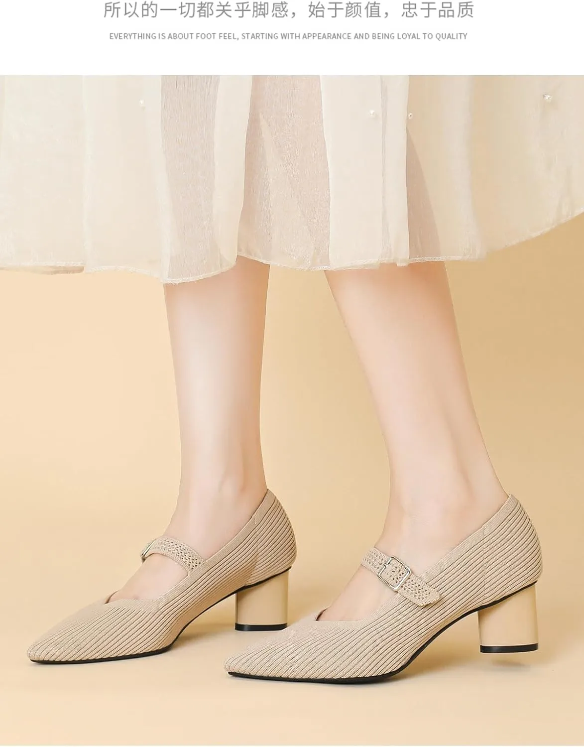 Women Knit Pointed Toe Chunky Heel Mary Jane Dress Shoes for Women Mesh Softable Comfort Low Block Heels Ankle Buckle Strap Work Mary Jane Pumps