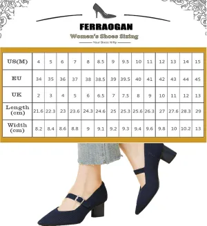 Women Knit Pointed Toe Chunky Heel Mary Jane Dress Shoes for Women Mesh Softable Comfort Low Block Heels Ankle Buckle Strap Work Mary Jane Pumps