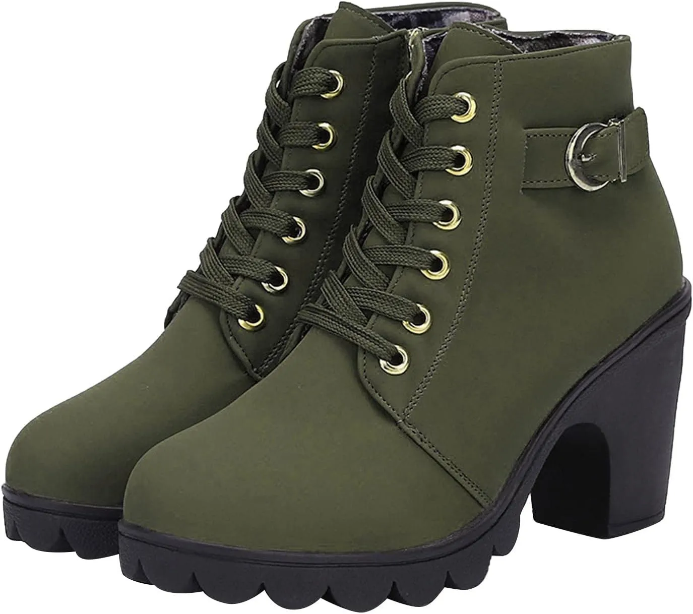Women Lace Up Ankle Boots Chunky Heel Zip Up Buckle Booties Suede Zipper Bootie Elegant High Heel Short Boot Shoes