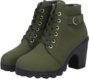 Women Lace Up Ankle Boots Chunky Heel Zip Up Buckle Booties Suede Zipper Bootie Elegant High Heel Short Boot Shoes