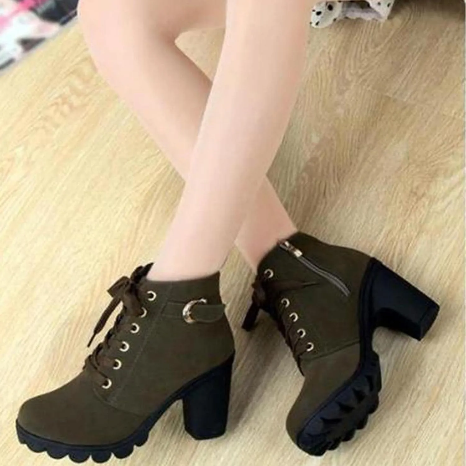 Women Lace Up Ankle Boots Chunky Heel Zip Up Buckle Booties Suede Zipper Bootie Elegant High Heel Short Boot Shoes
