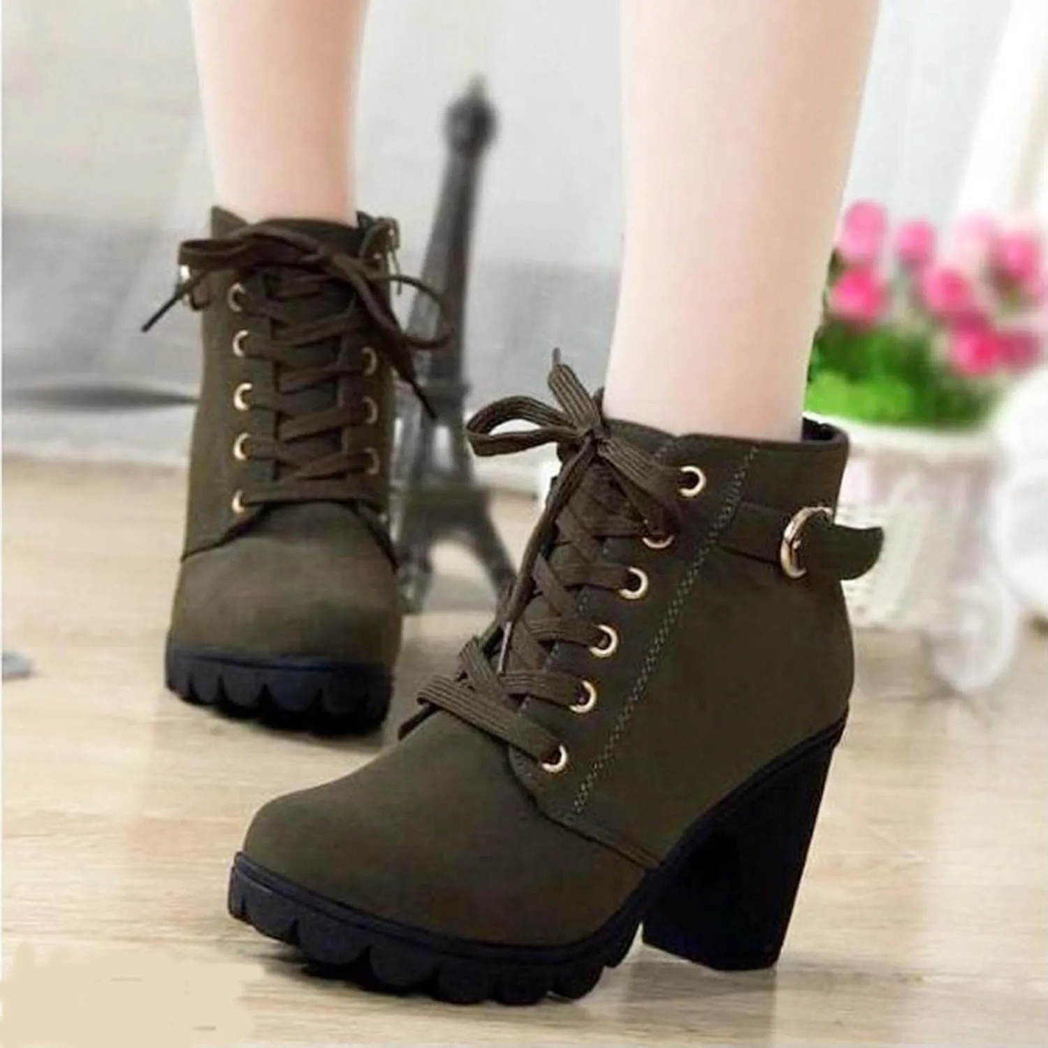 Women Lace Up Ankle Boots Chunky Heel Zip Up Buckle Booties Suede Zipper Bootie Elegant High Heel Short Boot Shoes