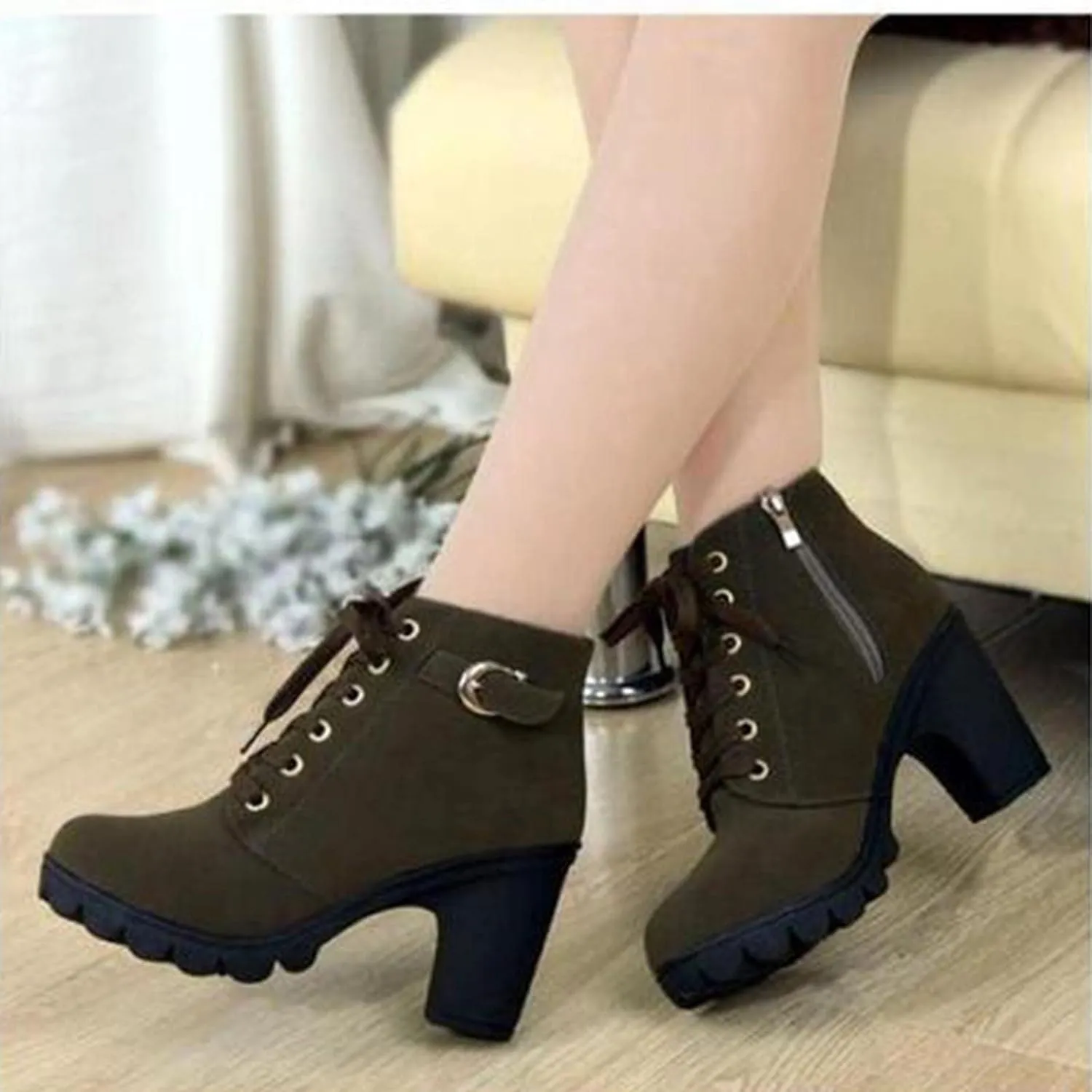 Women Lace Up Ankle Boots Chunky Heel Zip Up Buckle Booties Suede Zipper Bootie Elegant High Heel Short Boot Shoes
