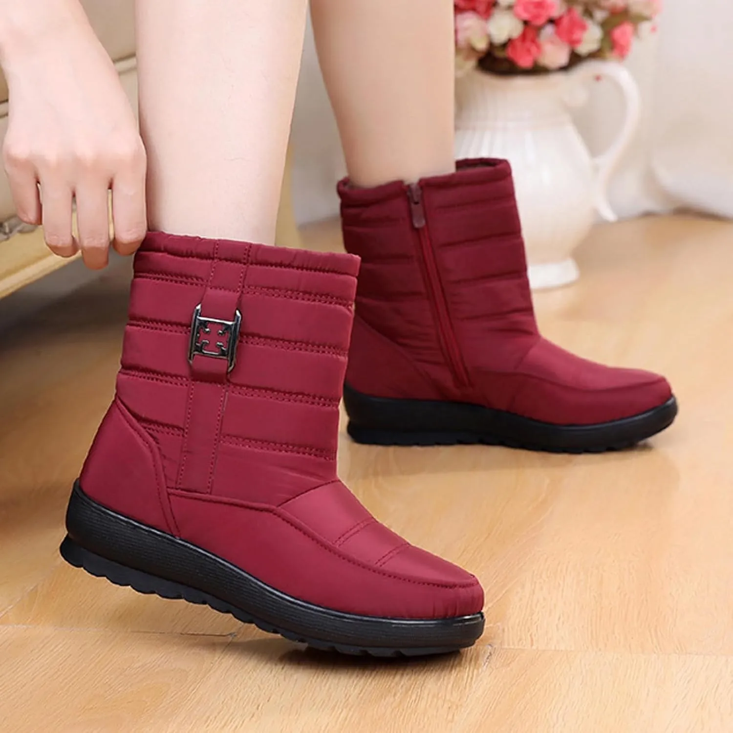 Women Winter Snow Boots Fleece Lined Walking Booties Fashion Flat Bootie Non Slip Outdoor Ankle Short Boot Lightweight Winter Shoes