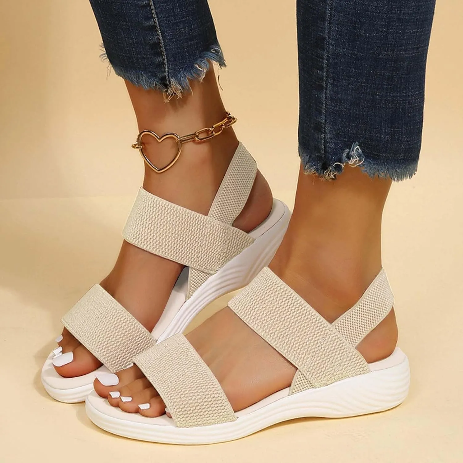 Women's Backstrap Sandal Casual Platform Open Toe Wedge Sandals Stroll Flat Knit Elastic Ankle Strap Platfor Slippers Slides Anti-Slip Lightweight Walking Air Cushion Comfort Summer Shoes