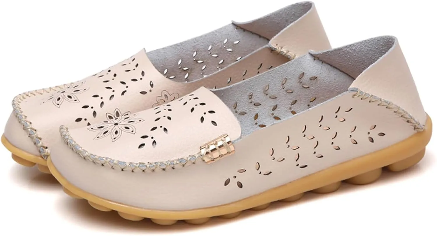 Womens Boat Shoes Casual Breathable Loafers for Walking Slip On Nurse Shoes Comfortable Flat Sandals Hollow Out Faux Leather Summer Shoe for All Day Wear