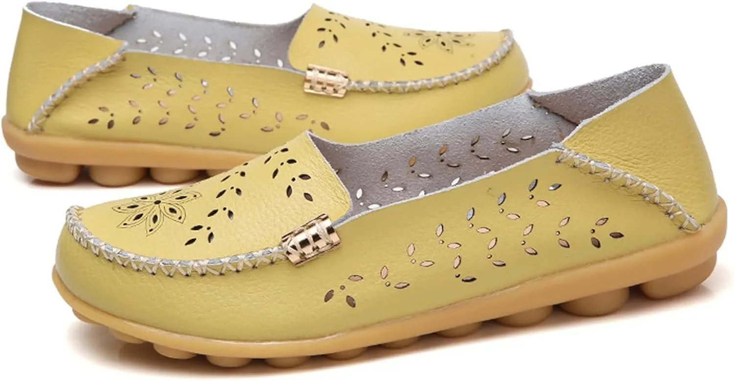 Womens Boat Shoes Casual Breathable Loafers for Walking Slip On Nurse Shoes Comfortable Flat Sandals Hollow Out Faux Leather Summer Shoe for All Day Wear