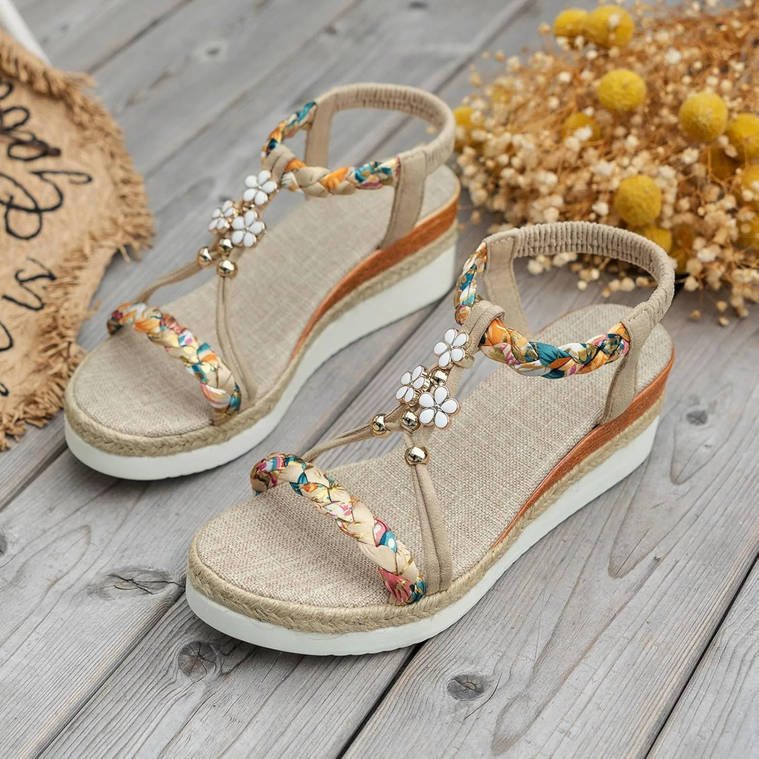 Women's Bohemian Summer Sandals Rhinestone Beaded Flat Casual Beach Shoes Comfortable Elastic Slip On Ankle Strap