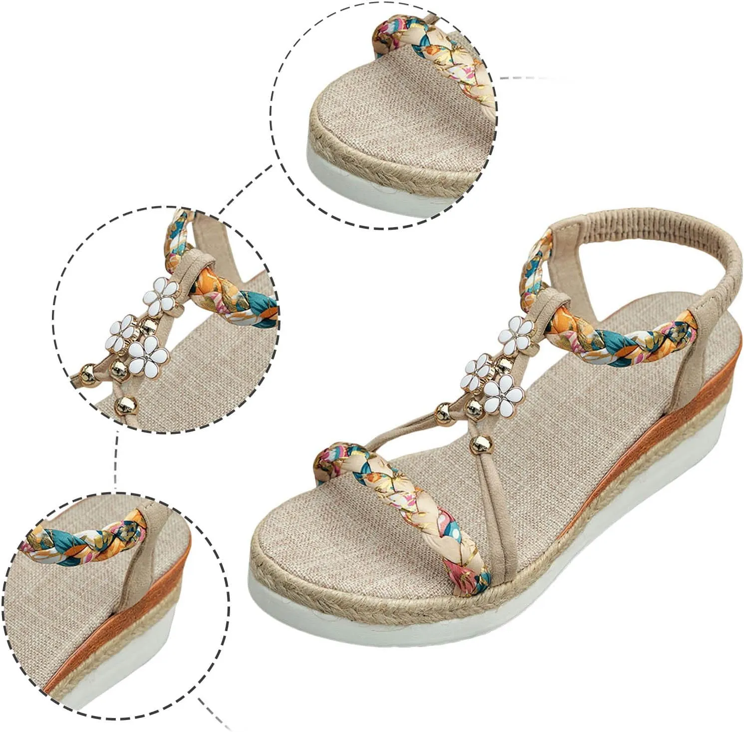 Women's Bohemian Summer Sandals Rhinestone Beaded Flat Casual Beach Shoes Comfortable Elastic Slip On Ankle Strap