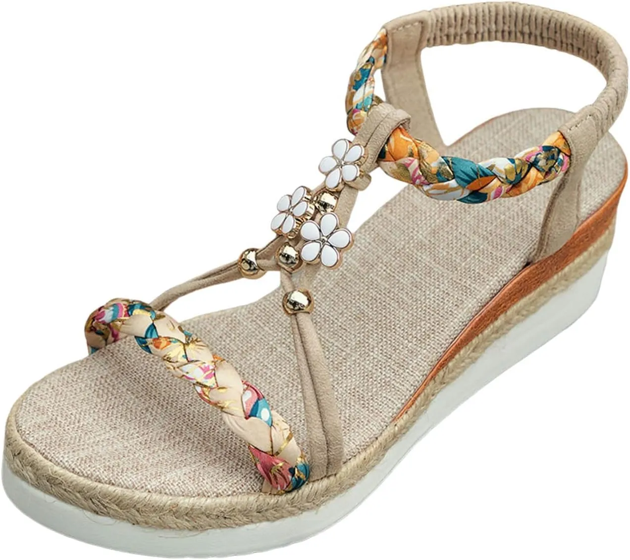 Women's Bohemian Summer Sandals Rhinestone Beaded Flat Casual Beach Shoes Comfortable Elastic Slip On Ankle Strap