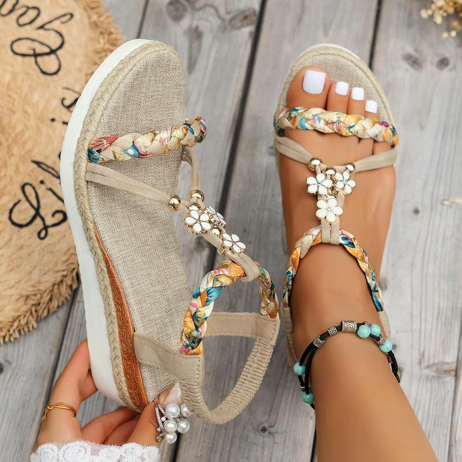 Women's Bohemian Summer Sandals Rhinestone Beaded Flat Casual Beach Shoes Comfortable Elastic Slip On Ankle Strap