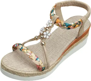 Women's Bohemian Summer Sandals Rhinestone Beaded Flat Casual Beach Shoes Comfortable Elastic Slip On Ankle Strap
