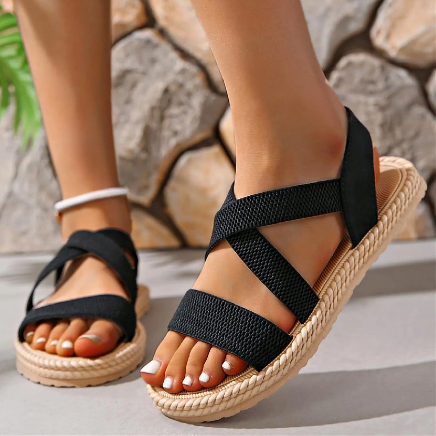 Womens Comfortable Flat Sandals Dressy Daily Sandals Summer Beach Open Toe Shoes Ankle Strap Footwear for Teen Girls