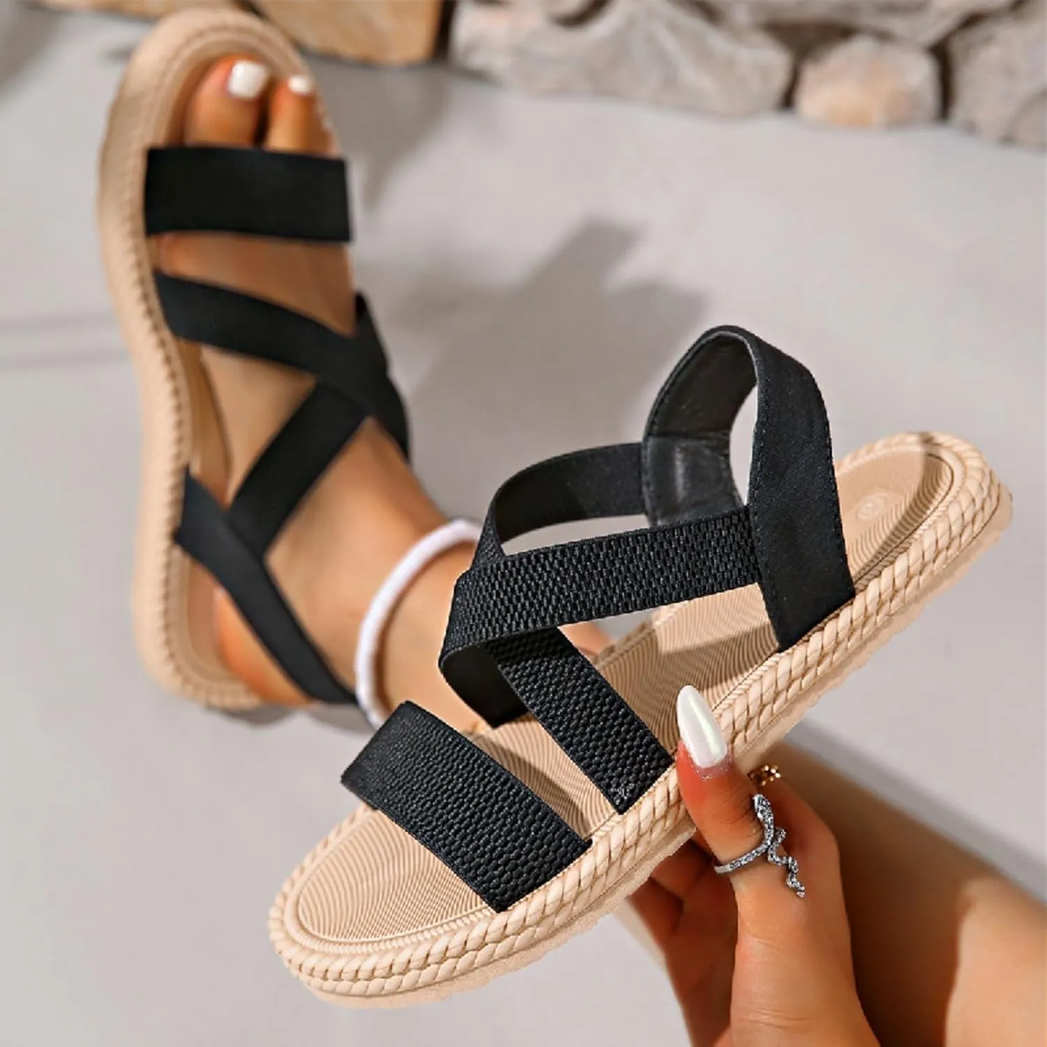 Womens Comfortable Flat Sandals Dressy Daily Sandals Summer Beach Open Toe Shoes Ankle Strap Footwear for Teen Girls