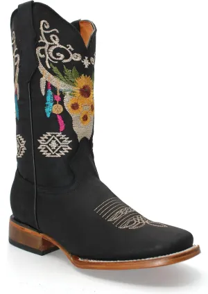 Womens Cowgirl Cowboy Square Toe Leather Boots Sunflower Skull Embroidered