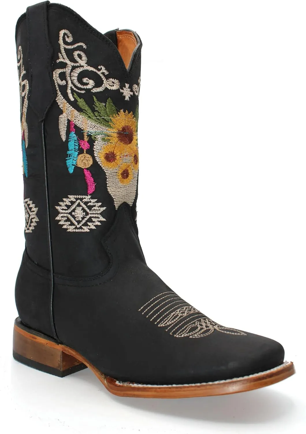 Womens Cowgirl Cowboy Square Toe Leather Boots Sunflower Skull Embroidered