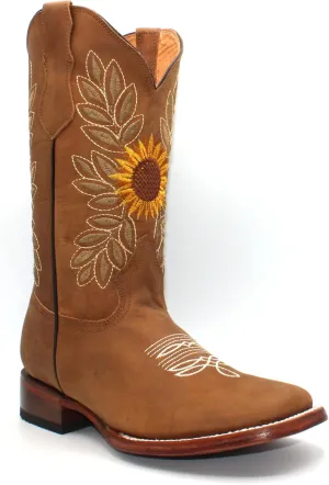 Womens Cowgirl Cowboy Square Toe Leather Boots Sunflower Skull Embroidered