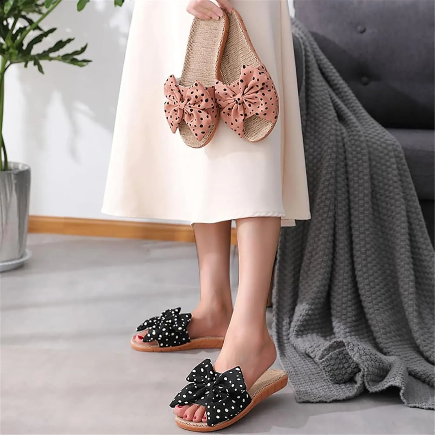 Womens Cozy Indoor Linen Home Slippers Non-Slip Woven Summer Open Toe Bow Sandal Beach Casual Lightweight Breathable Sandals Comfortable Comfort Wedding Vacation Travel Outdoor Slipper