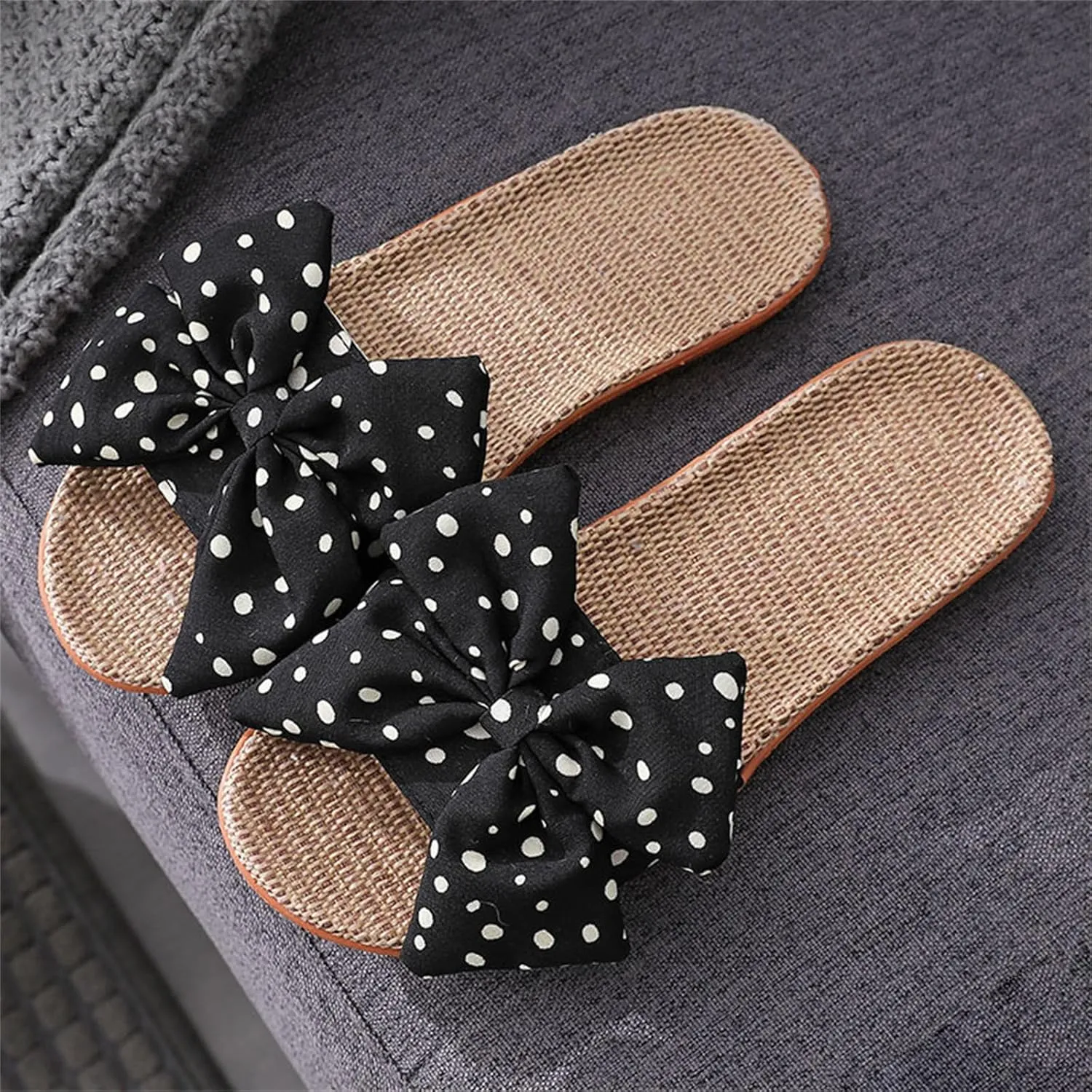 Womens Cozy Indoor Linen Home Slippers Non-Slip Woven Summer Open Toe Bow Sandal Beach Casual Lightweight Breathable Sandals Comfortable Comfort Wedding Vacation Travel Outdoor Slipper
