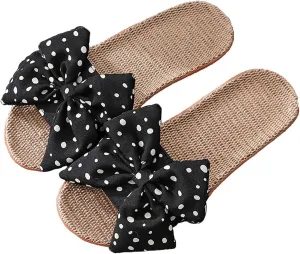 Womens Cozy Indoor Linen Home Slippers Non-Slip Woven Summer Open Toe Bow Sandal Beach Casual Lightweight Breathable Sandals Comfortable Comfort Wedding Vacation Travel Outdoor Slipper