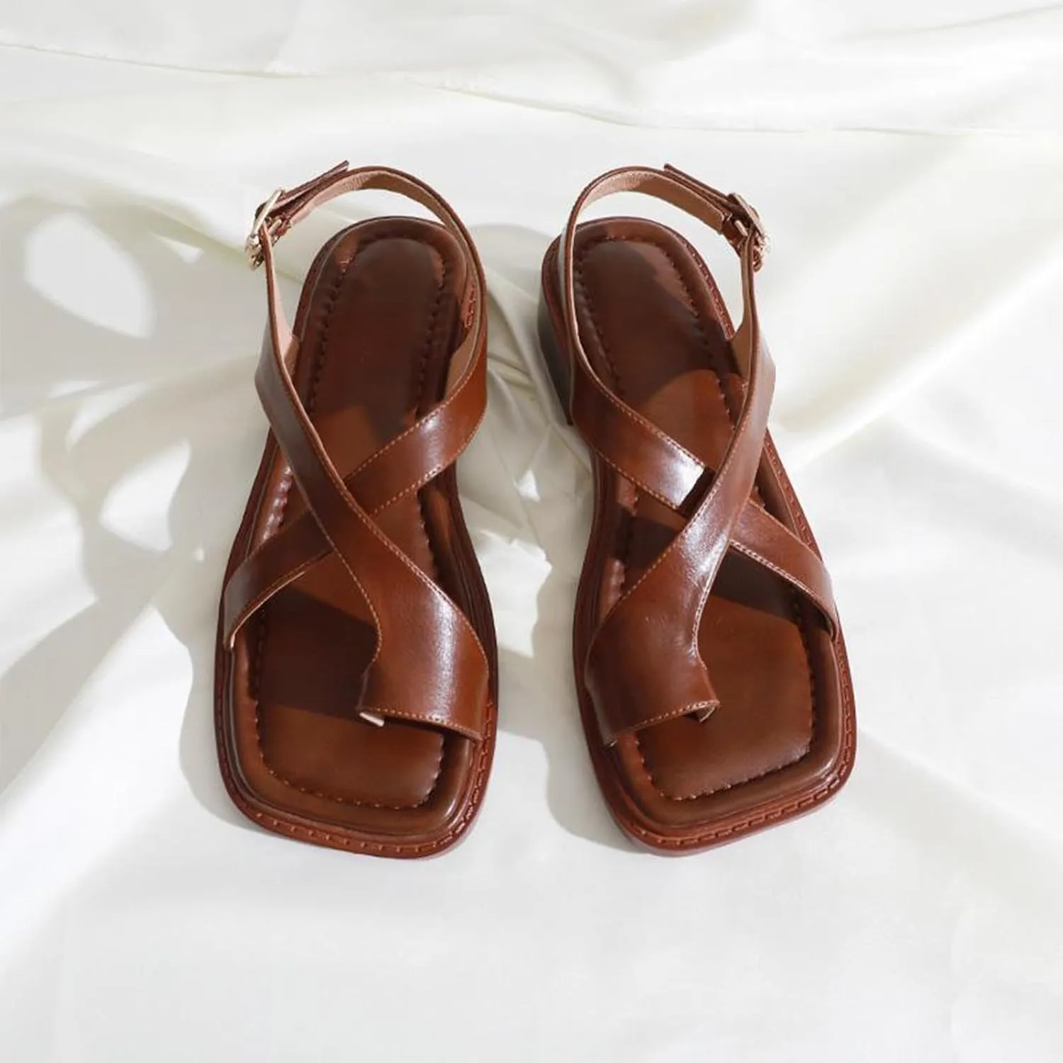 Women's Dressy PU Flip Flops Vintage Fashion Square Toe Ring Leather Sandal Trendy Comfort Lightweight Summer Shoes