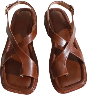 Women's Dressy PU Flip Flops Vintage Fashion Square Toe Ring Leather Sandal Trendy Comfort Lightweight Summer Shoes