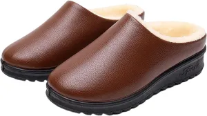 Women's Faux Leather Fur Lined Slippers Fashion Indoor/Outdoor Non-Slip Clog Slipper Cozy Fleece Warm Slide On Shoes