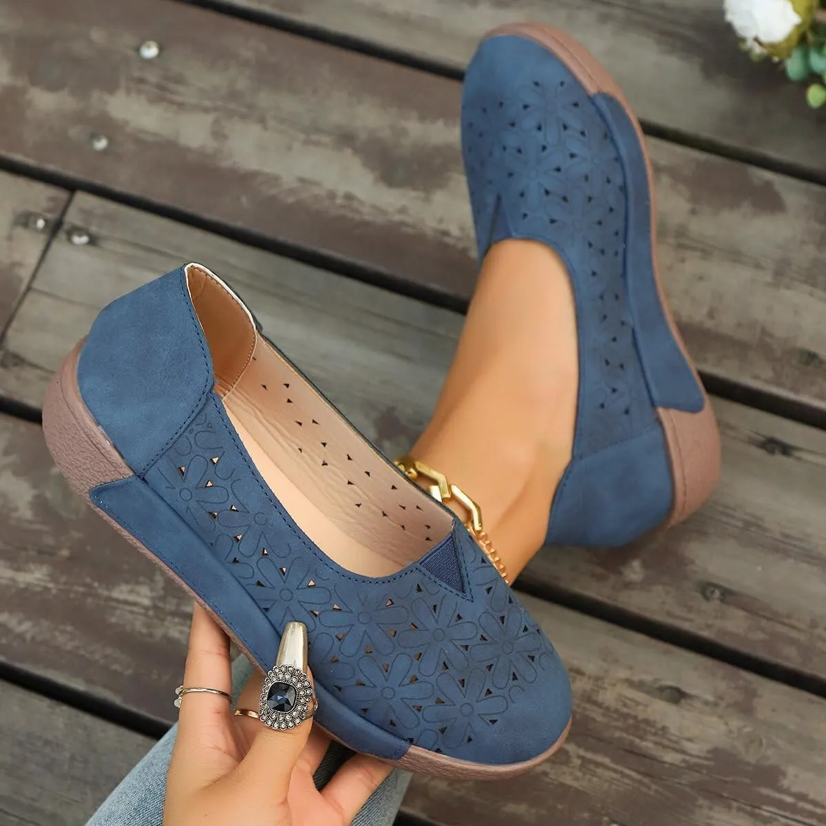 Women's Floral Ballet Flat Flats Shoes Slip On Flowers Round Toe Casual Dress Hollow Hole Summer Comfortable Work Office Fashion Trendy with Eyelets Cutout Comfort Rubber Sole Lazy Loafers