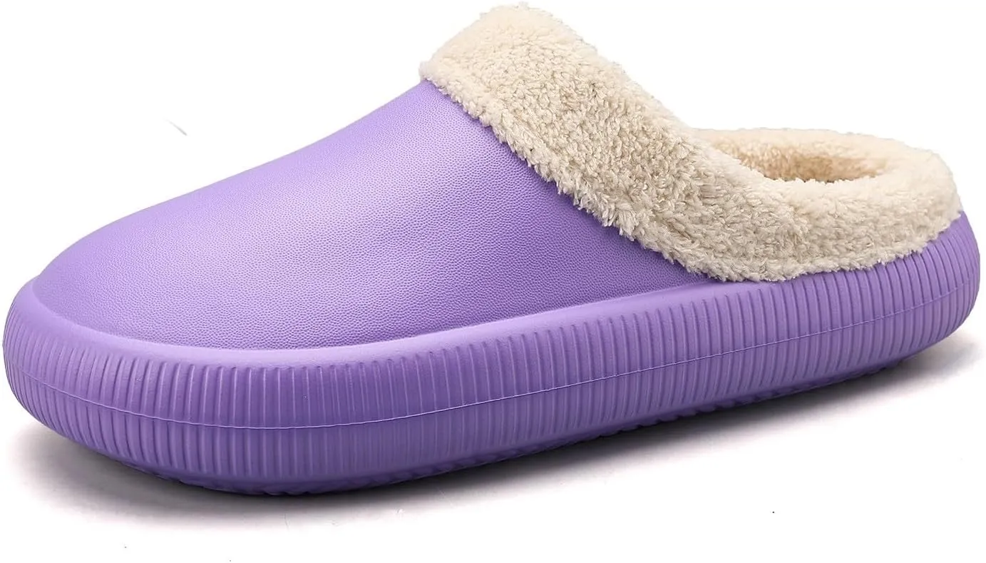 Womens Fuzzy Fleece Fur Lined Slippers Indoor Outdoor Waterproof Slip On House Shoes Winter Warm Plush Garden Shoes