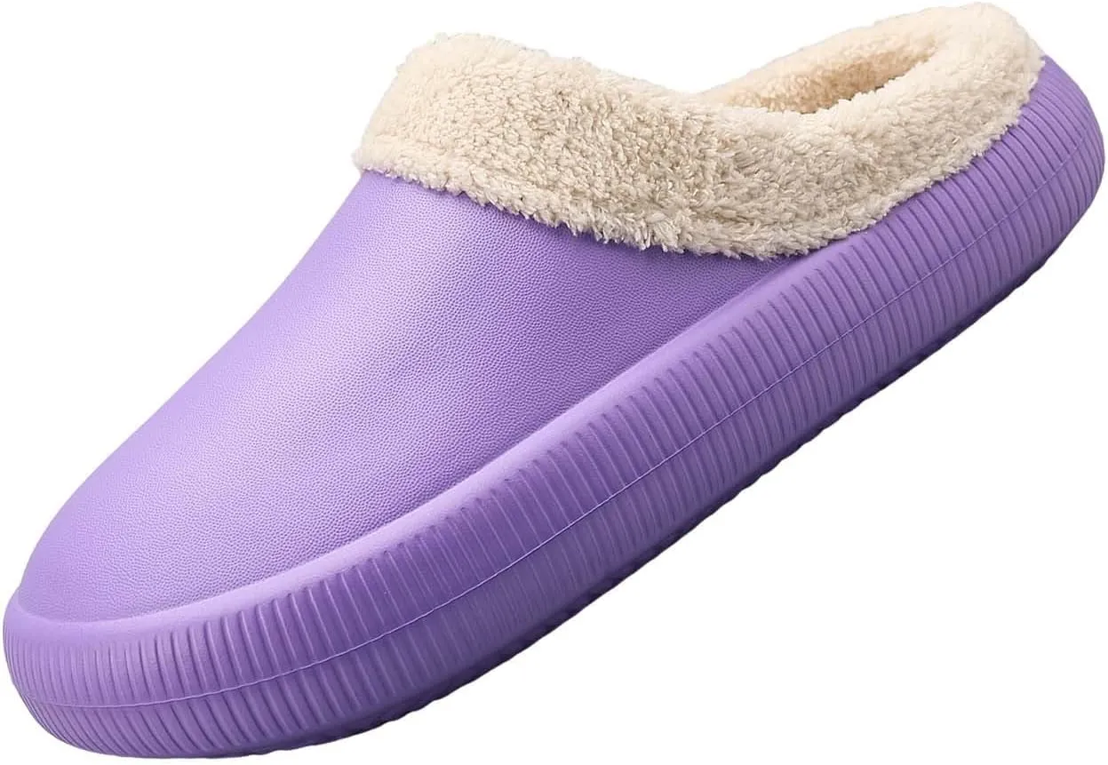 Womens Fuzzy Fleece Fur Lined Slippers Indoor Outdoor Waterproof Slip On House Shoes Winter Warm Plush Garden Shoes