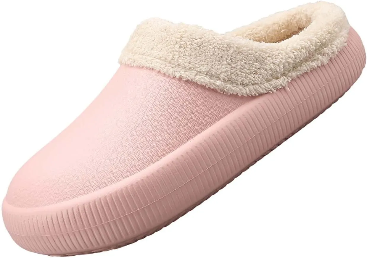 Womens Fuzzy Fleece Fur Lined Slippers Indoor Outdoor Waterproof Slip On House Shoes Winter Warm Plush Garden Shoes