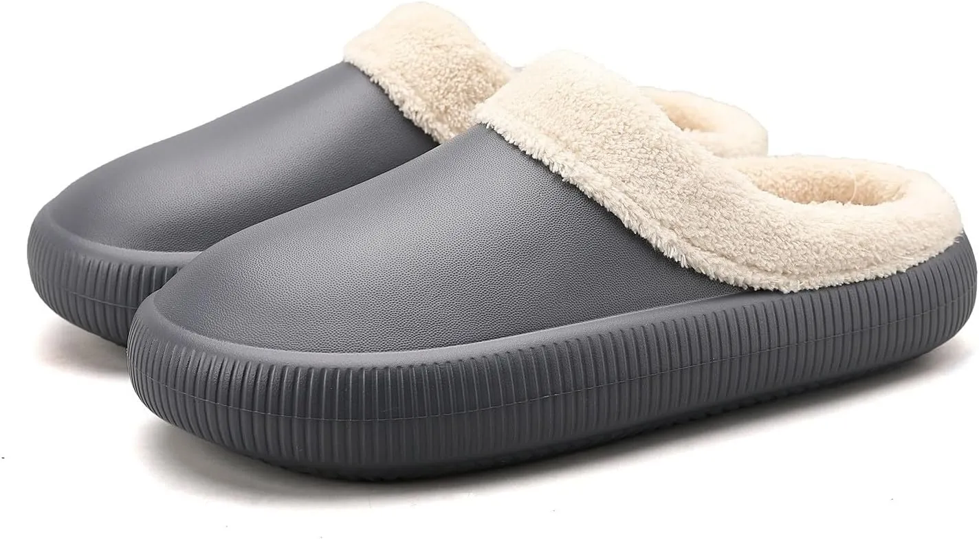 Womens Fuzzy Fleece Fur Lined Slippers Indoor Outdoor Waterproof Slip On House Shoes Winter Warm Plush Garden Shoes