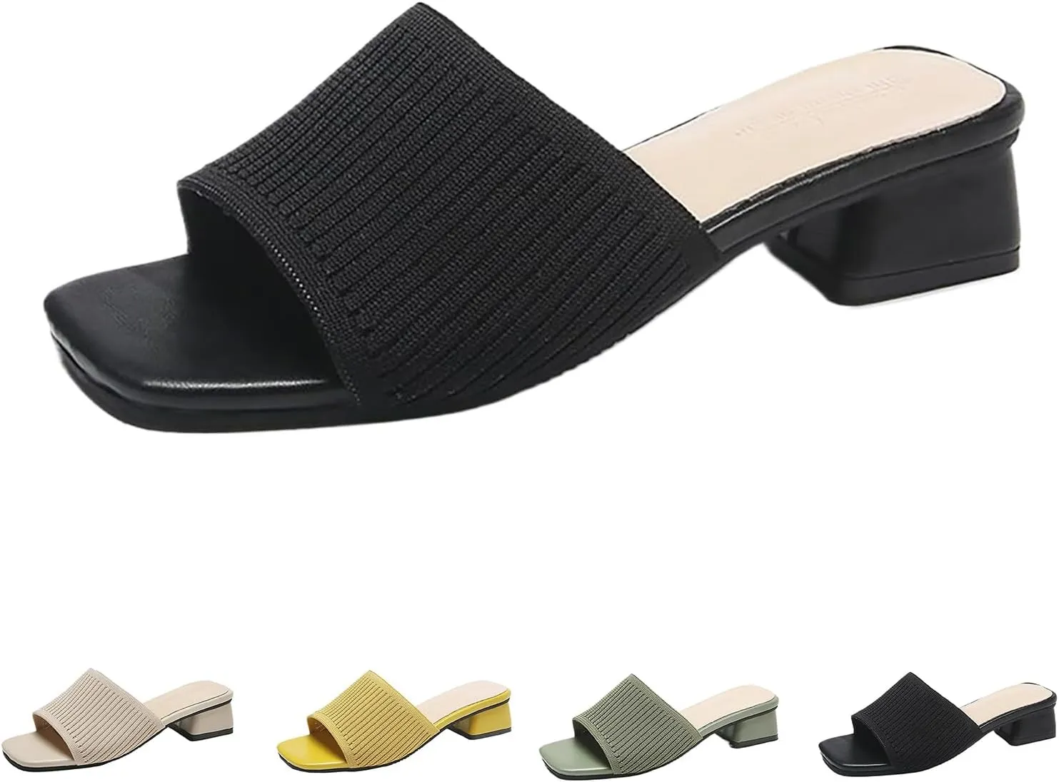 Women's Heeled Sandals Breathable Open Toe Mules Block Slip On Slides Chunky Square Heels Slides Sandal