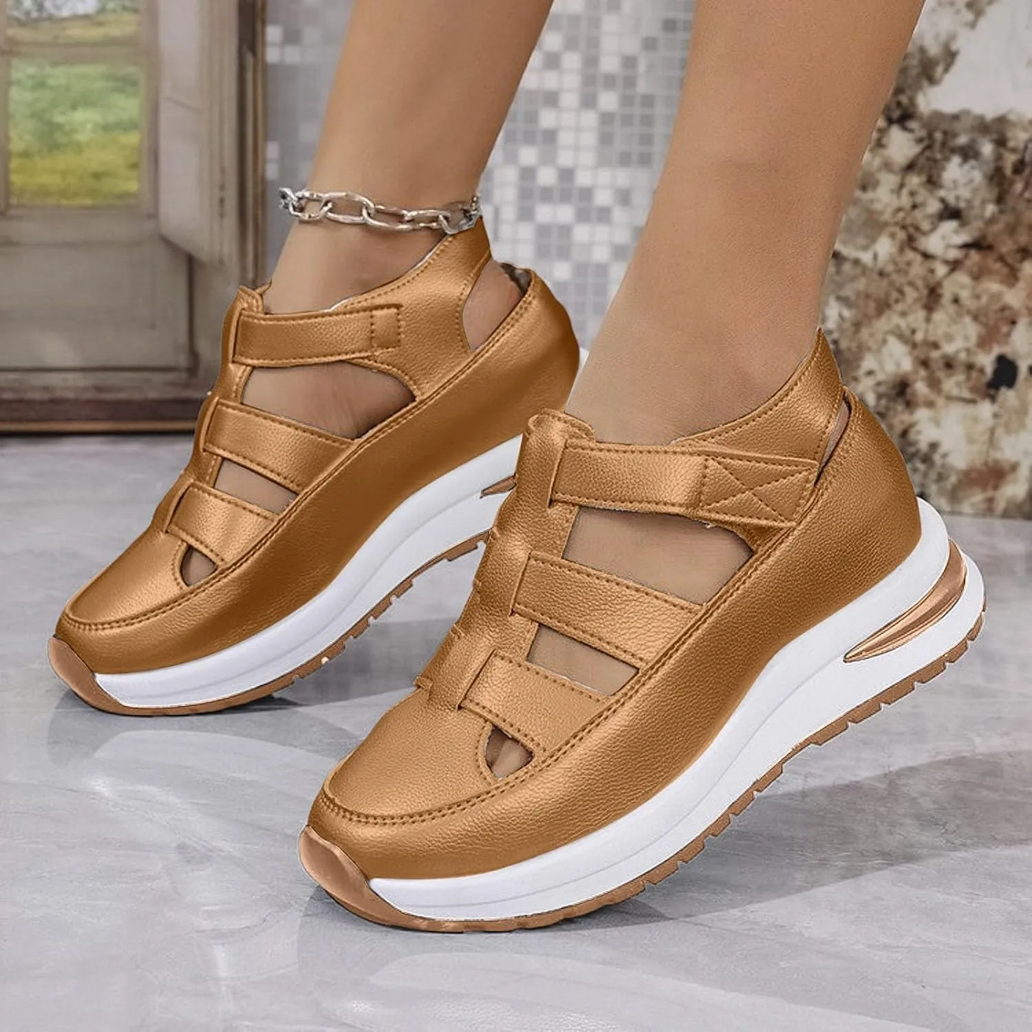 Women's Hollow Out Sandals Orthopedic Platform Wedge Sneakers Comfortable Soft Cushion Lightweight Sneakers All-Match Sport Shoes Walking Shoes for Outdoor Travel Hiking
