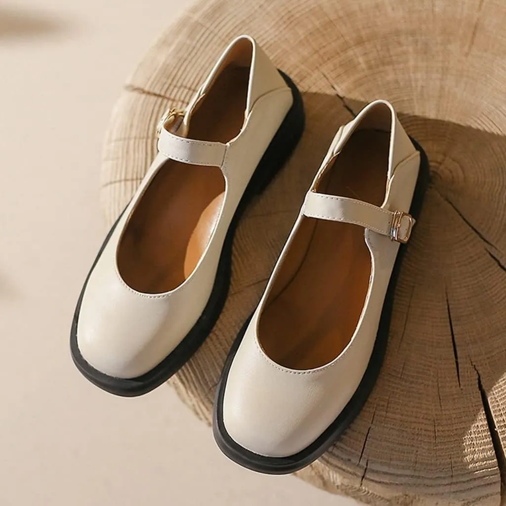 Women's Mary Jane Oxford Shoes Flats Vintage Square Toe Leather Buckle Strap Low Heel Girls Dress Shoe