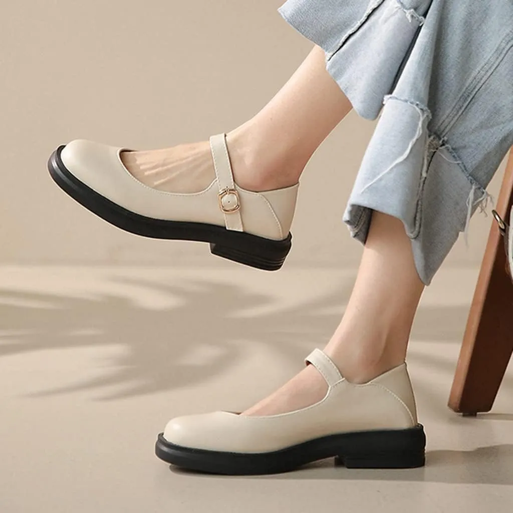 Women's Mary Jane Oxford Shoes Flats Vintage Square Toe Leather Buckle Strap Low Heel Girls Dress Shoe