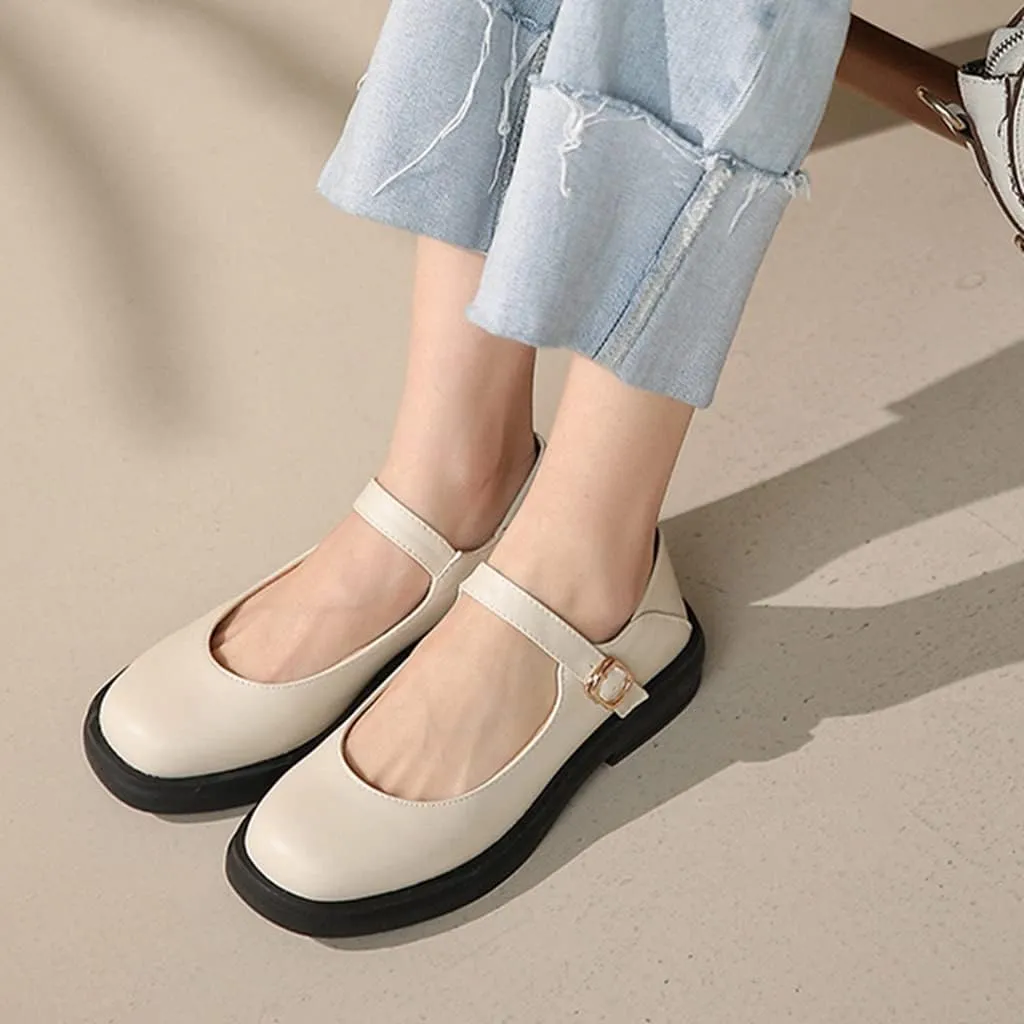 Women's Mary Jane Oxford Shoes Flats Vintage Square Toe Leather Buckle Strap Low Heel Girls Dress Shoe