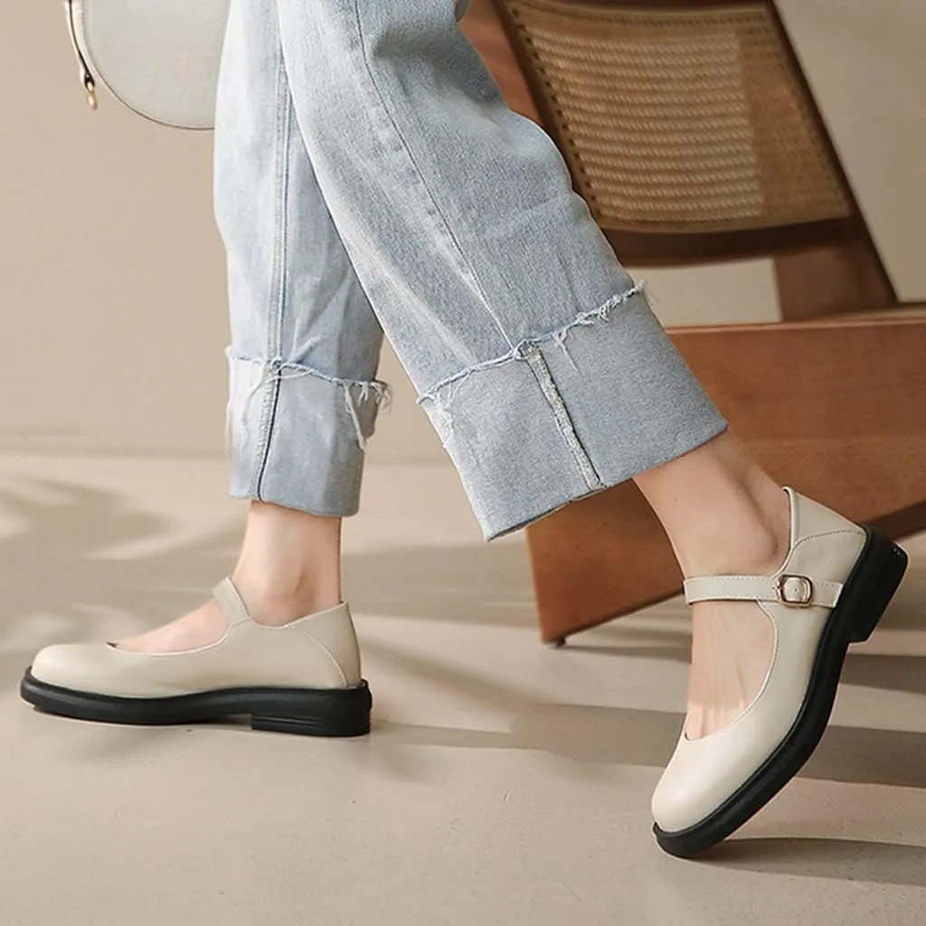 Women's Mary Jane Oxford Shoes Flats Vintage Square Toe Leather Buckle Strap Low Heel Girls Dress Shoe
