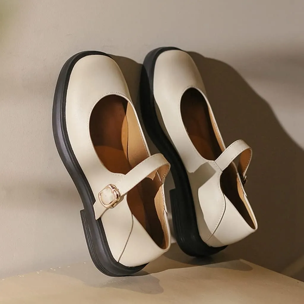 Women's Mary Jane Oxford Shoes Flats Vintage Square Toe Leather Buckle Strap Low Heel Girls Dress Shoe