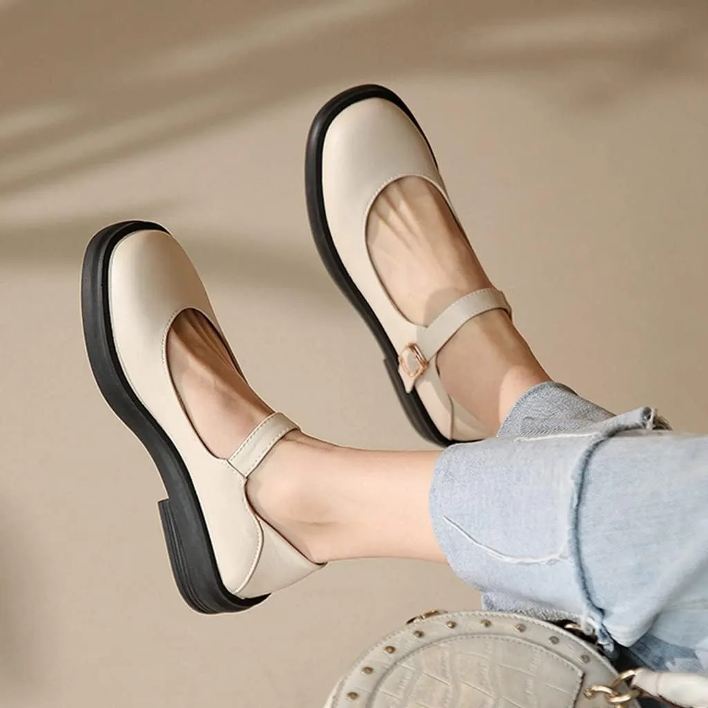 Women's Mary Jane Oxford Shoes Flats Vintage Square Toe Leather Buckle Strap Low Heel Girls Dress Shoe