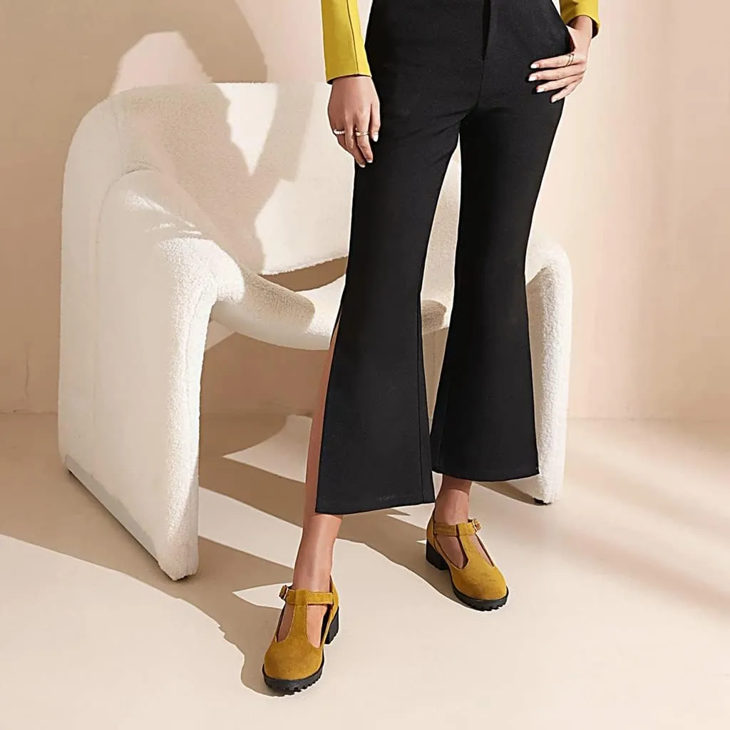 Women's Mary Jane T-Strap Loafers Flats Vintage Round Toe Suede Low Heel Girls Dress Oxford Shoes