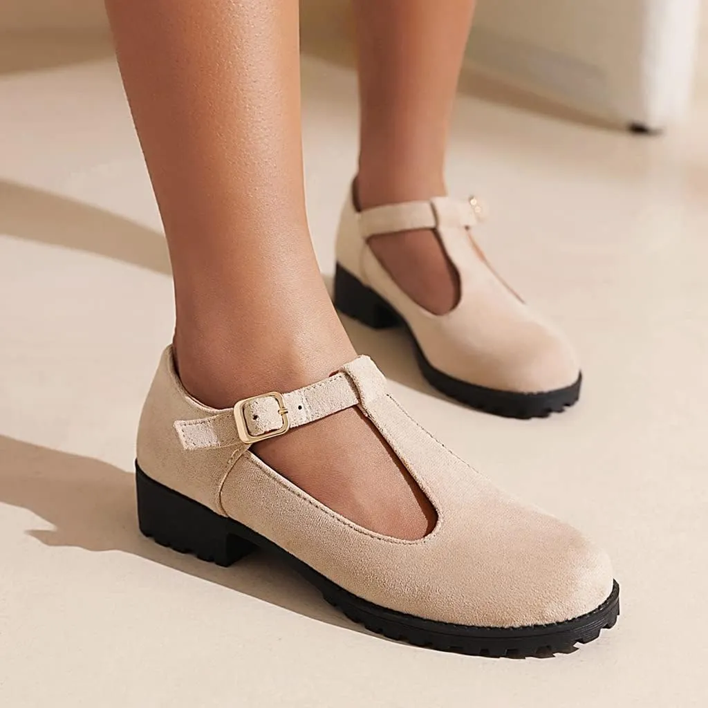 Women's Mary Jane T-Strap Loafers Flats Vintage Round Toe Suede Low Heel Girls Dress Oxford Shoes