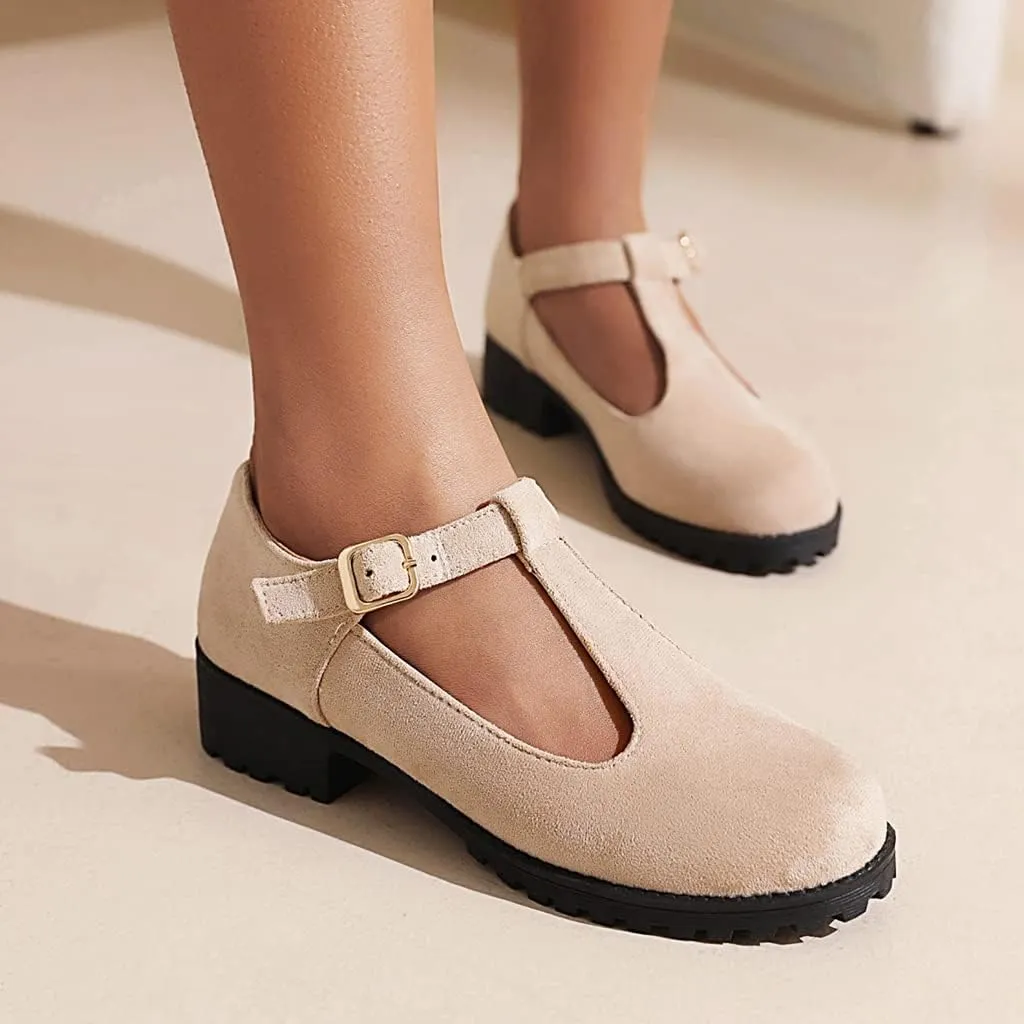 Women's Mary Jane T-Strap Loafers Flats Vintage Round Toe Suede Low Heel Girls Dress Oxford Shoes